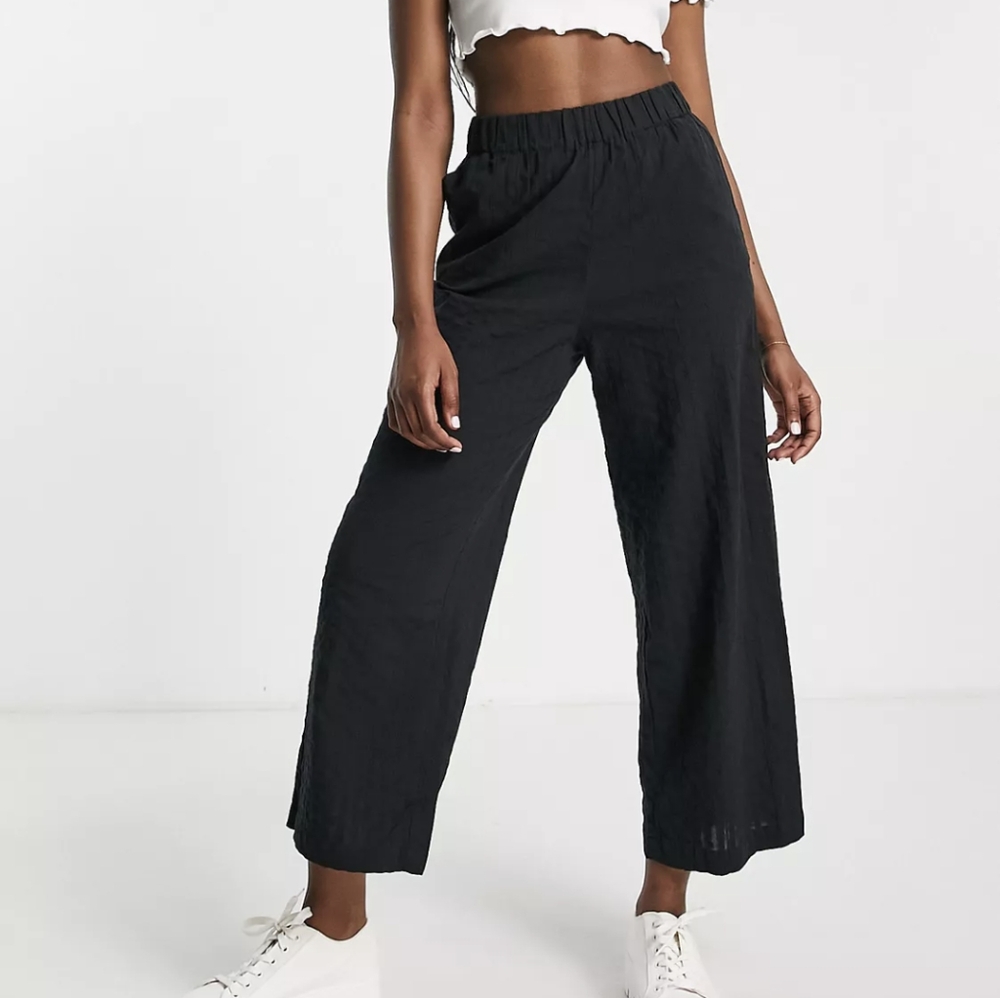 Monki wide leg seersucker pants in black
